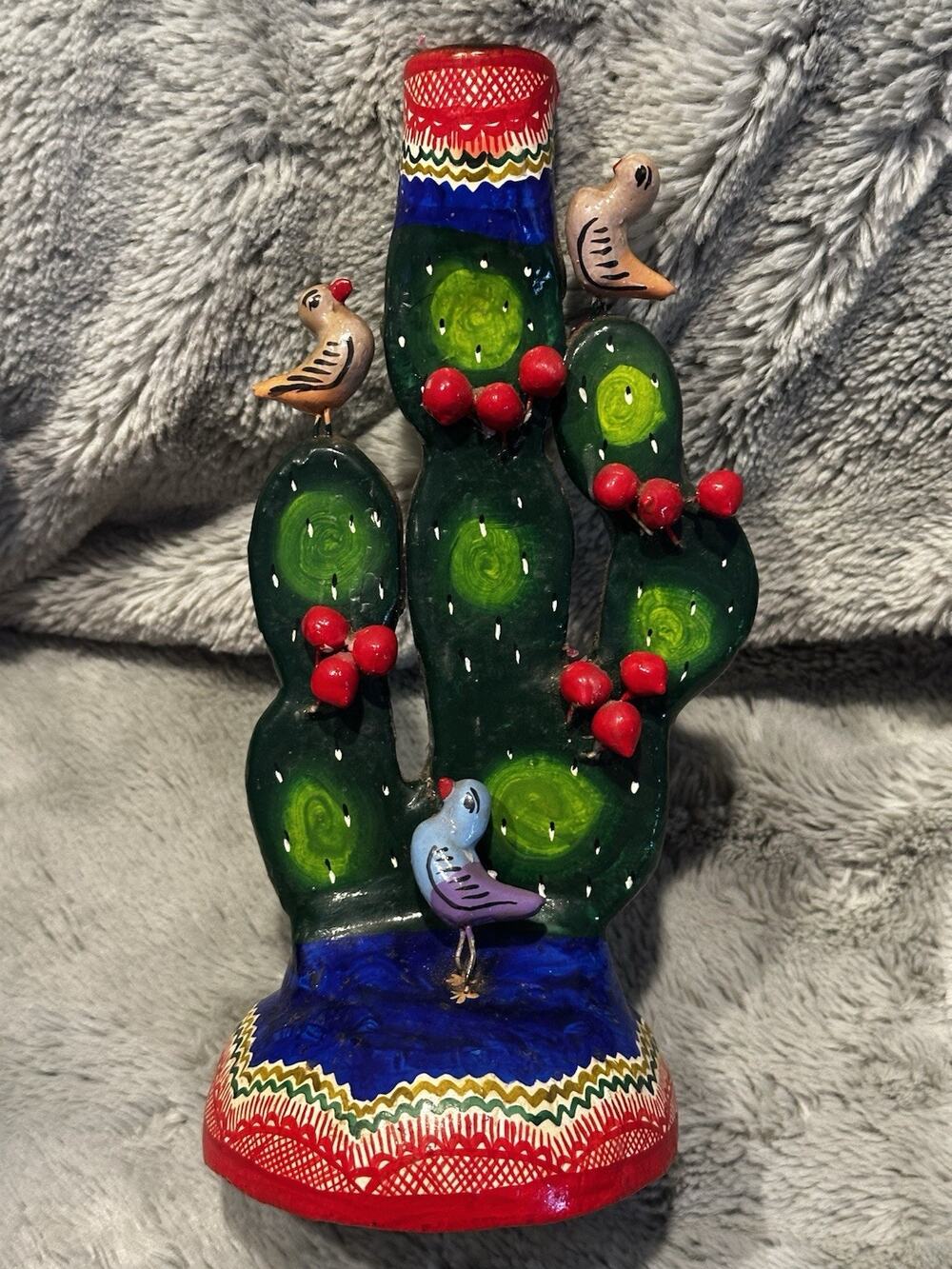 Vtg Mexican Folk Art Candle Holder CACTUS Bird Candelabra Mexico 9” Green Blue